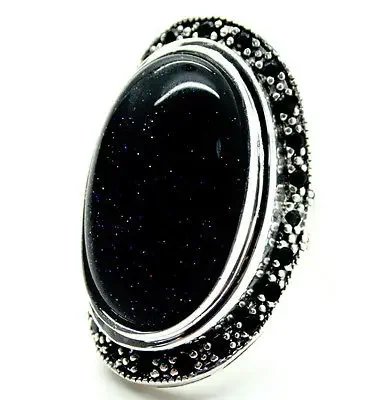 unsex nice 17X30mm Blue Sandstone Oval Gem 925 Sterling Silver Marcasite Ring Size 7/8/9/10