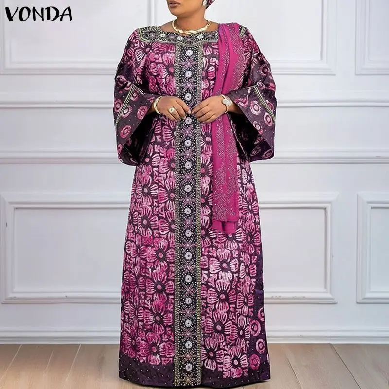 

Женское богемное платье макси VONDA больших размеров 5XL, осеннее, с длинным рукавом, квадратным вырезом, винтажным принтом, длинный сарафан, модное платье 2026 года