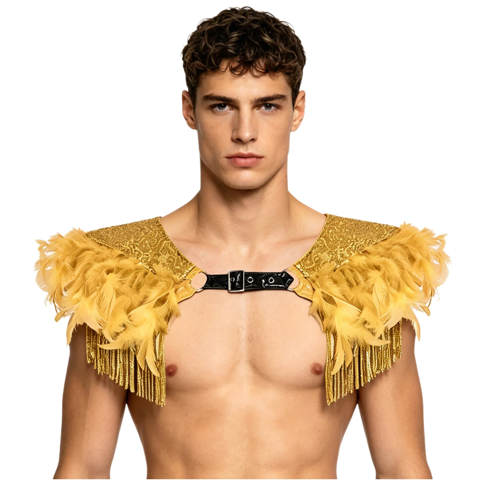 Men Women Medieval Gothic Armor Sequined Epaulet Shrug with Tassel Fringe and Feather Harness Costume for Masquerade Performance - view 4