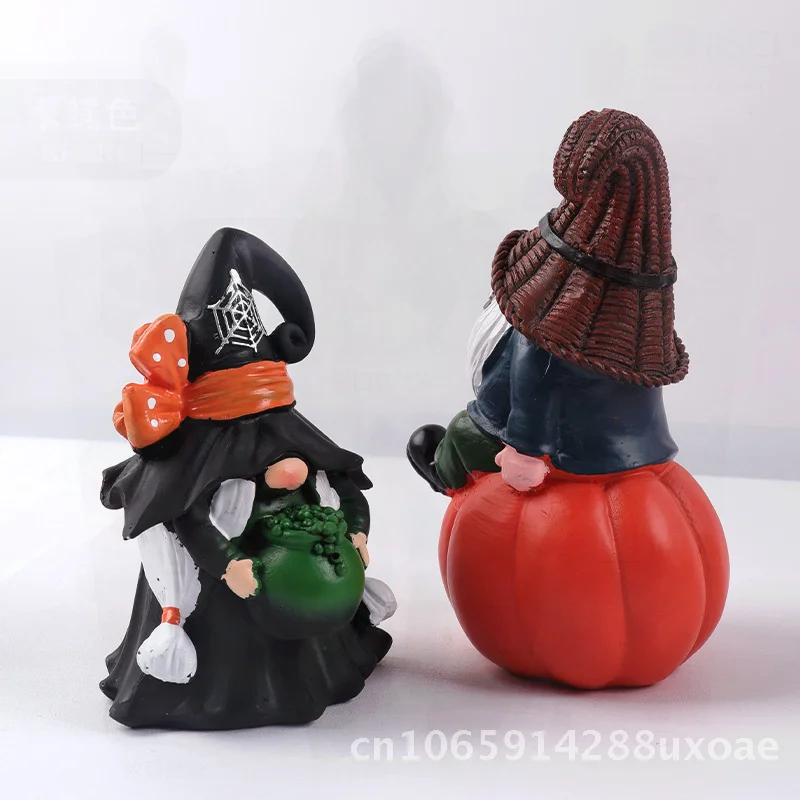 Halloween Harvest Festival Handmade Resin Pumpkin Couple Dwarf Statue Cute Style Witch Wizard