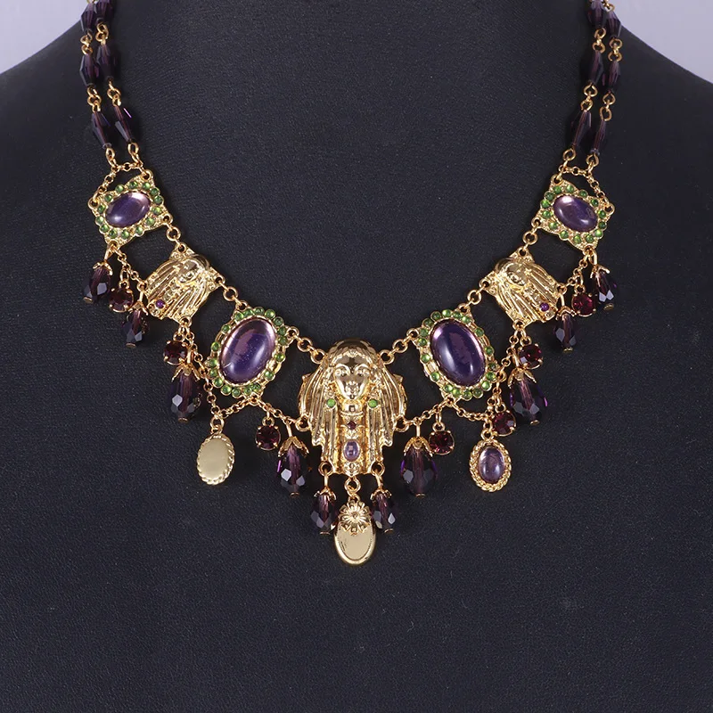 

Exquisite personality exaggerated big dinner style purple glass beads double necklace collarbone chain