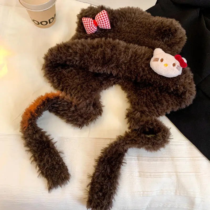 Kawaii Hello Kitty Plush Hat Sanrio Cute Girls Winter Sweet Thicken Warm Soft Hat Cartoon Fashion Bow Tie Hat Christmas Gift