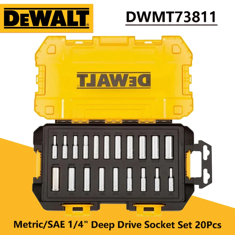 DEWALT DWMT73811 Drive Deep Combination Socket Set met stapelbare behuizing 20 stuks 1/4" Drive Metrisch/SAE booradapteraccessoires