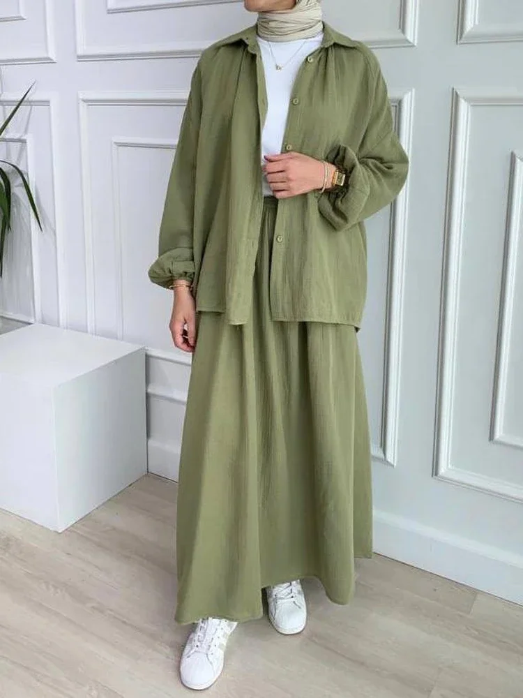 

women Two Piece Sets Shirt & Skirt woman Ramadan Eid Suits Shirt Blouse Musulman Ensembles Moroccan Kaftan Islamic Outfits Sets