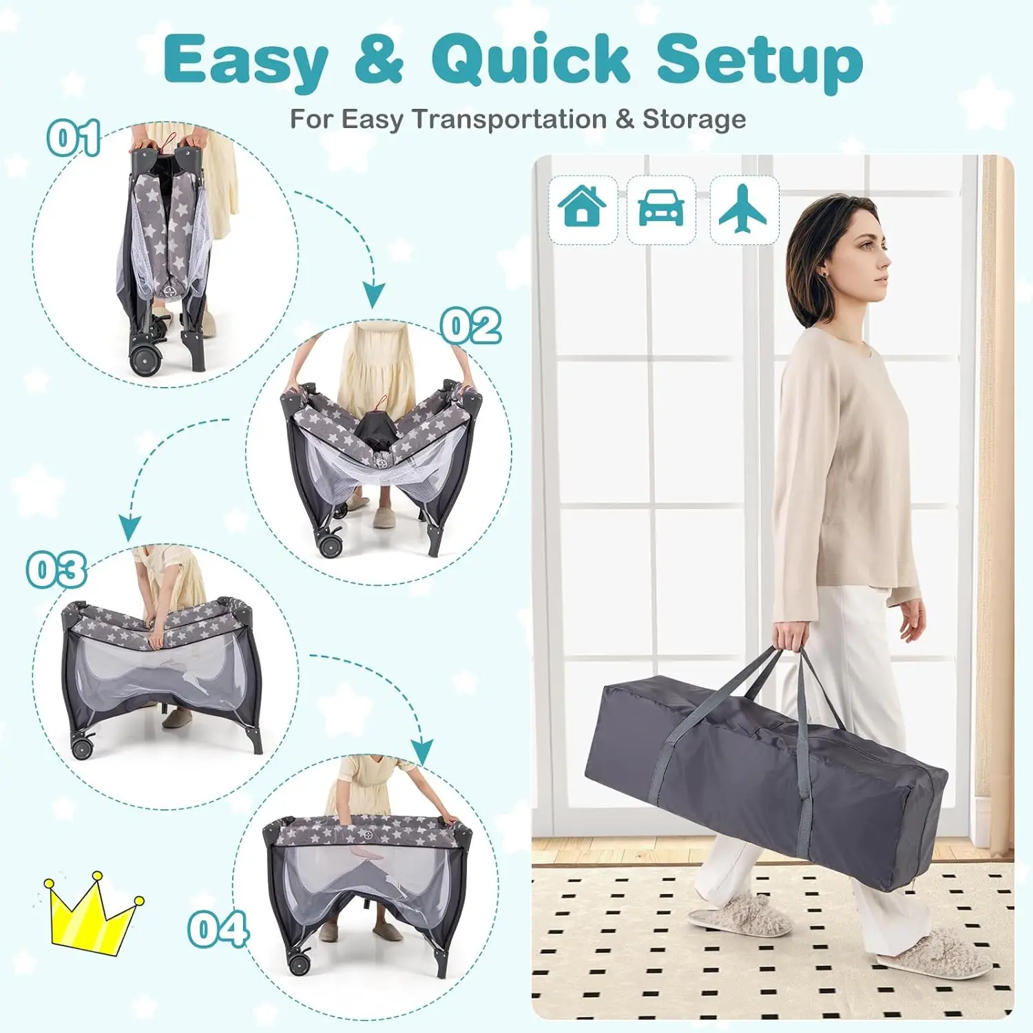 HONEY JOY Pack and Play, parque infantil portátil 4 en 1 con moisés, cambiador, ruedas bloqueables, caja de música,