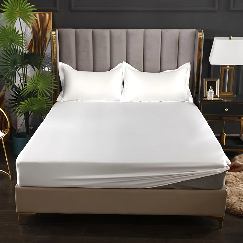 High-Quality 1pc Smooth Ice Silk Fitted Bed Sheet Queen Size Soft Skin-Friendly Pure Satin Elastic Band Bedsheet Mattress Cover