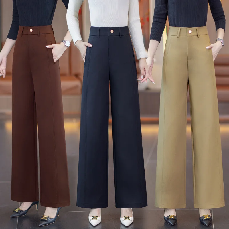 Pantaloni da abito da pendolare dritti drappeggiati a vita alta Donna Primavera Autunno Nuovi pantaloni larghi casual versatili dimagranti larghi