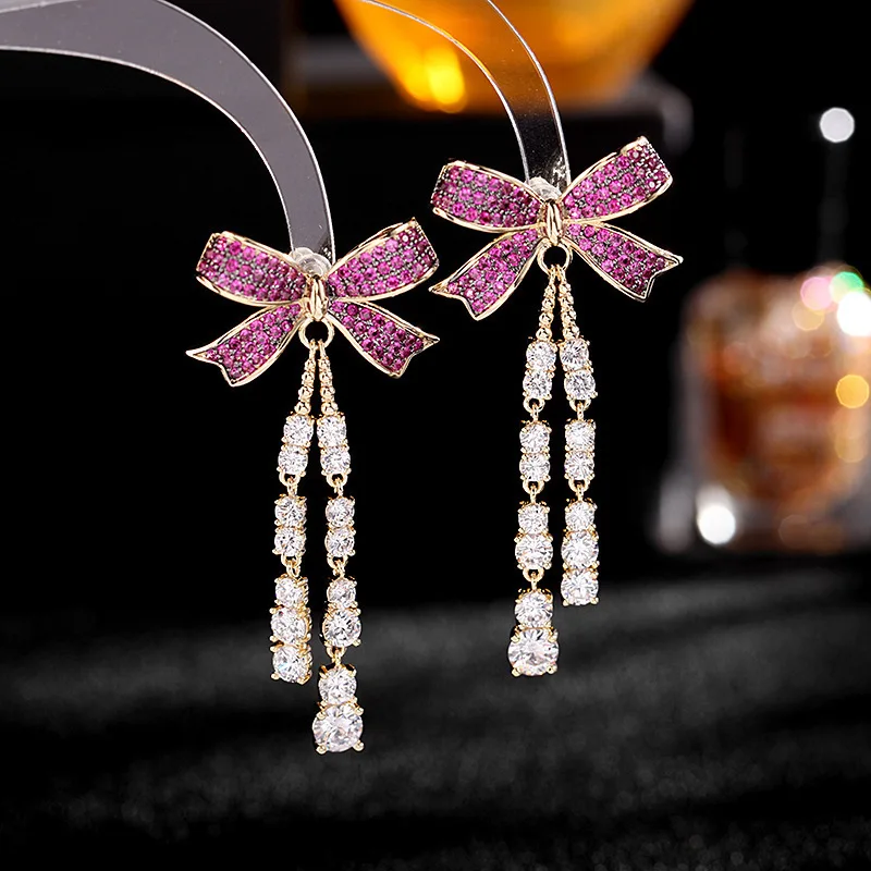 

Grand bow earrings s925 silver needle, high-end, retro, fashionable and elegant long earrings
