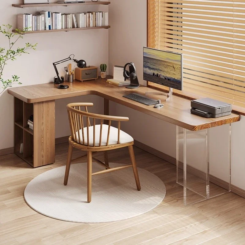 Solid wood corner desk storage bookshelf integrated against the wall small apartment bedroom study workbench office home