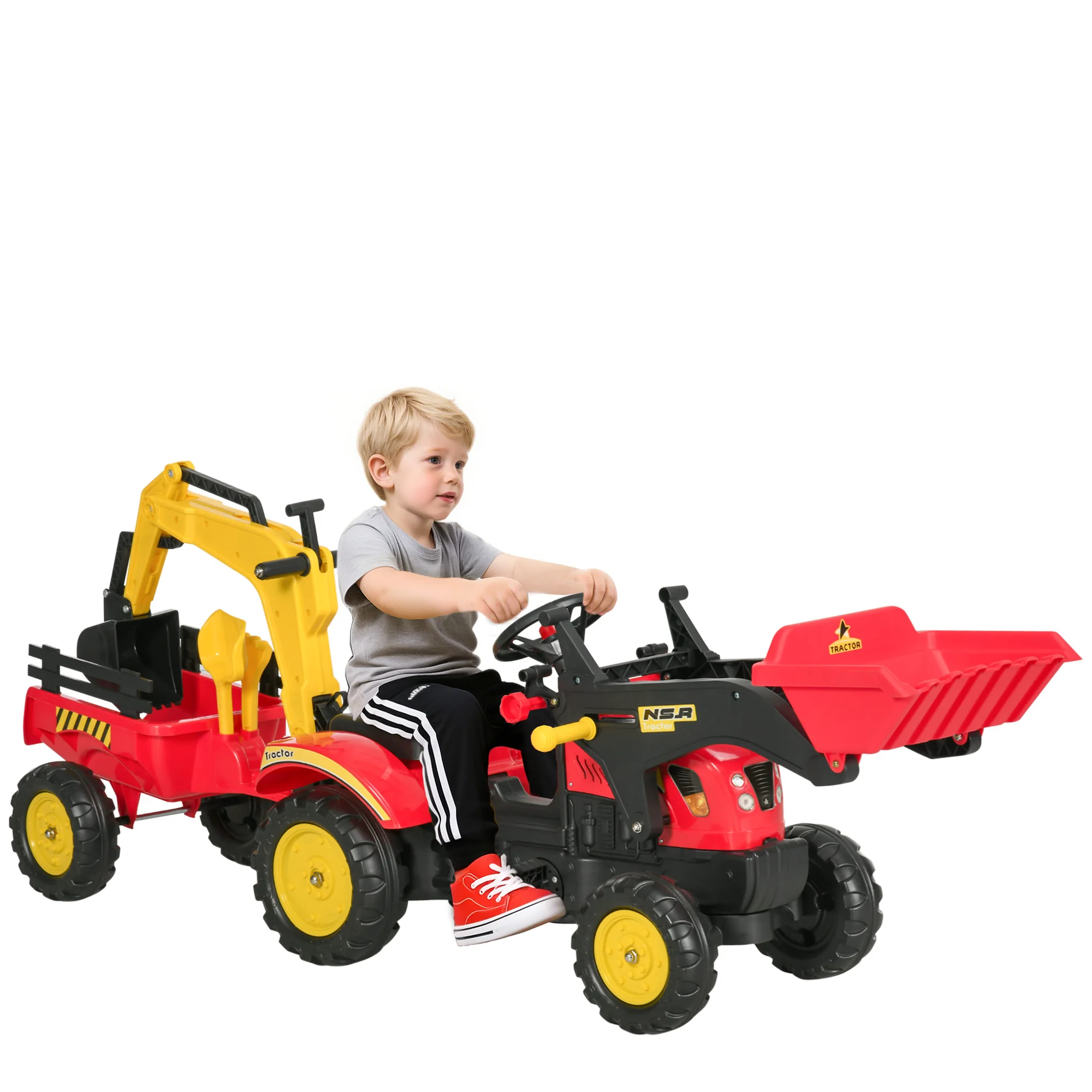 Homcom pedaaltractor met aanhangwagen en schoppen voor +3 jaar 179X42X59 cm rood