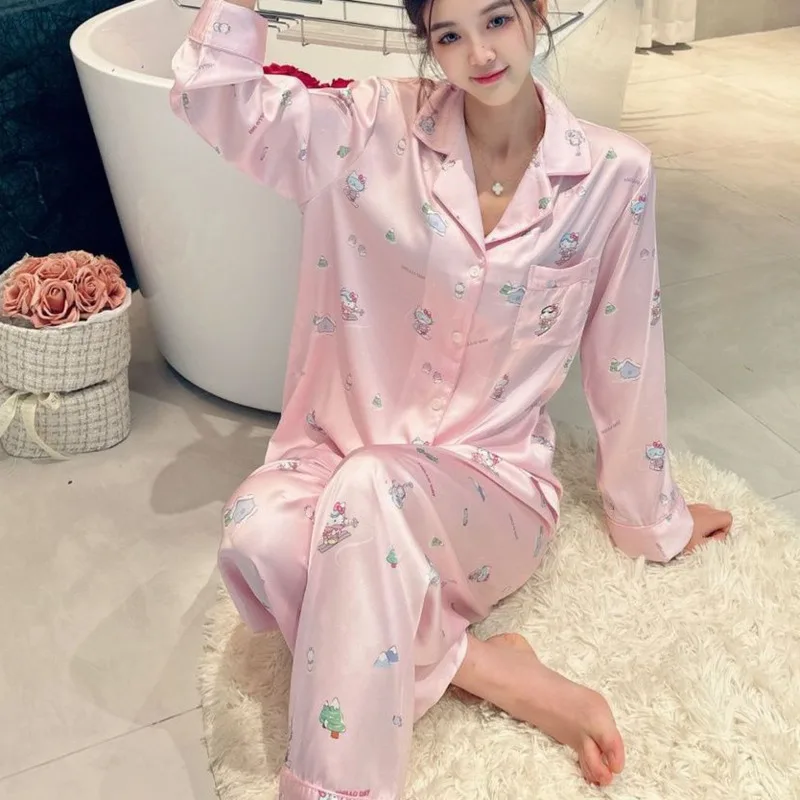 Summer New Simulated Silk Hello Kitty Cartoon Pajamas Women\'s 2 Pcs Set Sweet Thin Long Sleeve Fashionable Loose Home Clothes