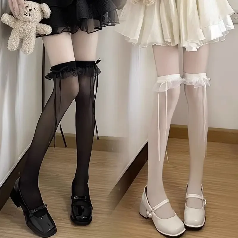 

Black White Ruffle Long Socks Women Girls Sweet Ultra-thin Stockings JK Lolita Nylon Lace Leggings Over The Knee Bowknot Hosiery