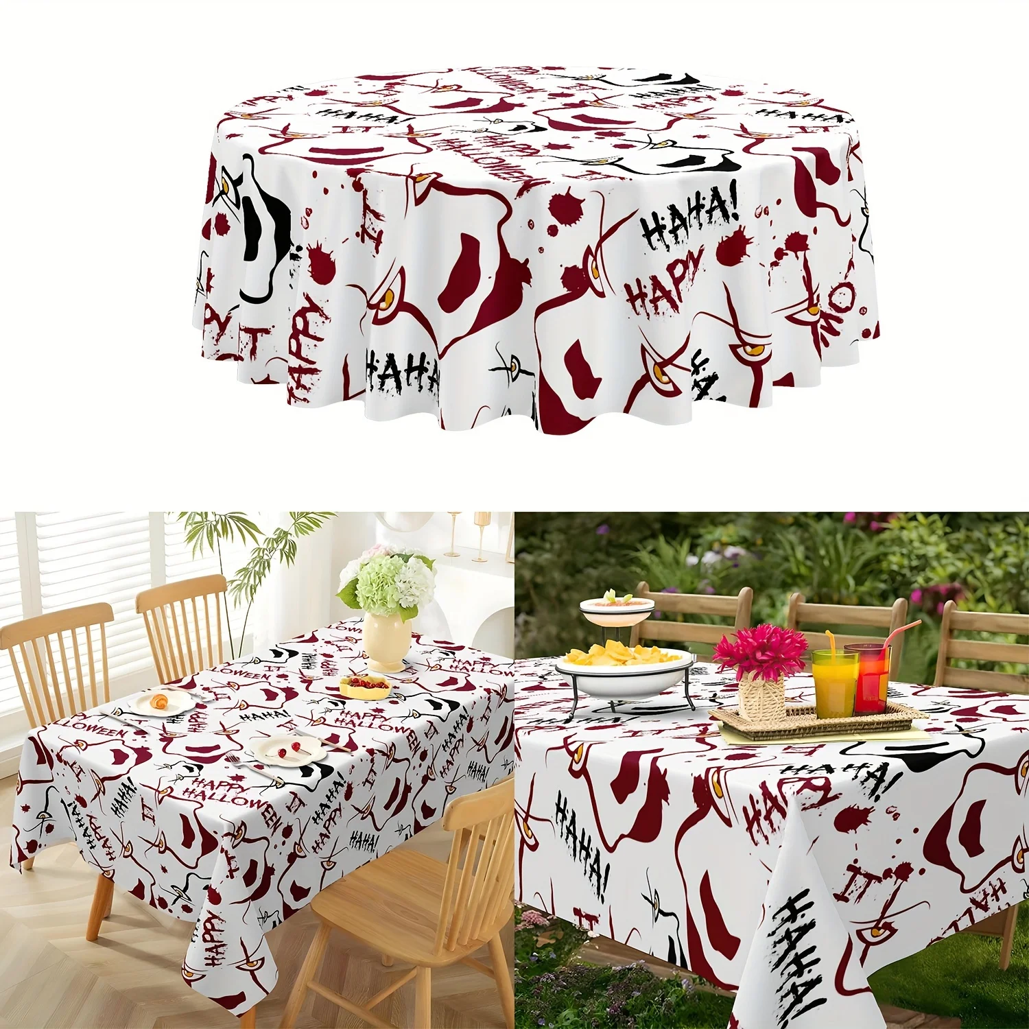 Single piece. Halloween tablecloth with terrifying faces. Blood-red and black clown faces are suitable for family rooms.zyc