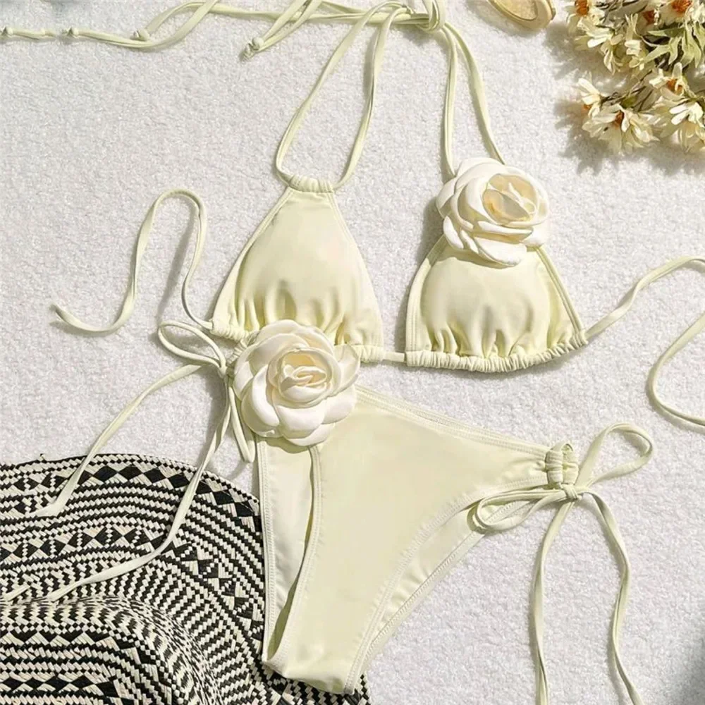 Sexy 3D Flower White String Halter Bikinis 2024 Mujer Swimwear Women Swimsuits Bathing Suit Brazilian Triangle Bikini Set Bather