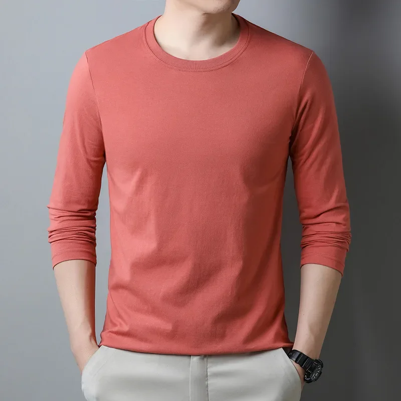 Men's Long Sleeve T-Shirt 100% Polyester Casual Versatile Base Layer Top Round Neck Solid Color for Spring and Autumn