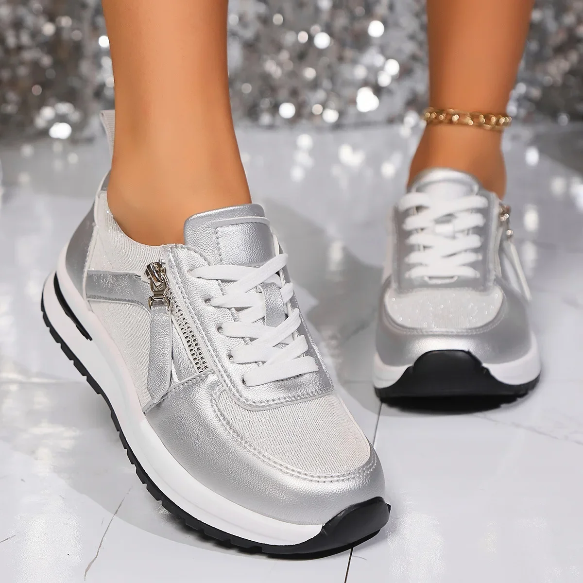 Large Size Casual Shoes Women 2024 New Zipper Decoration Thick Bottom Lacing Shoes Tenis Non-slip Comfort Running Shoes Sneaker
