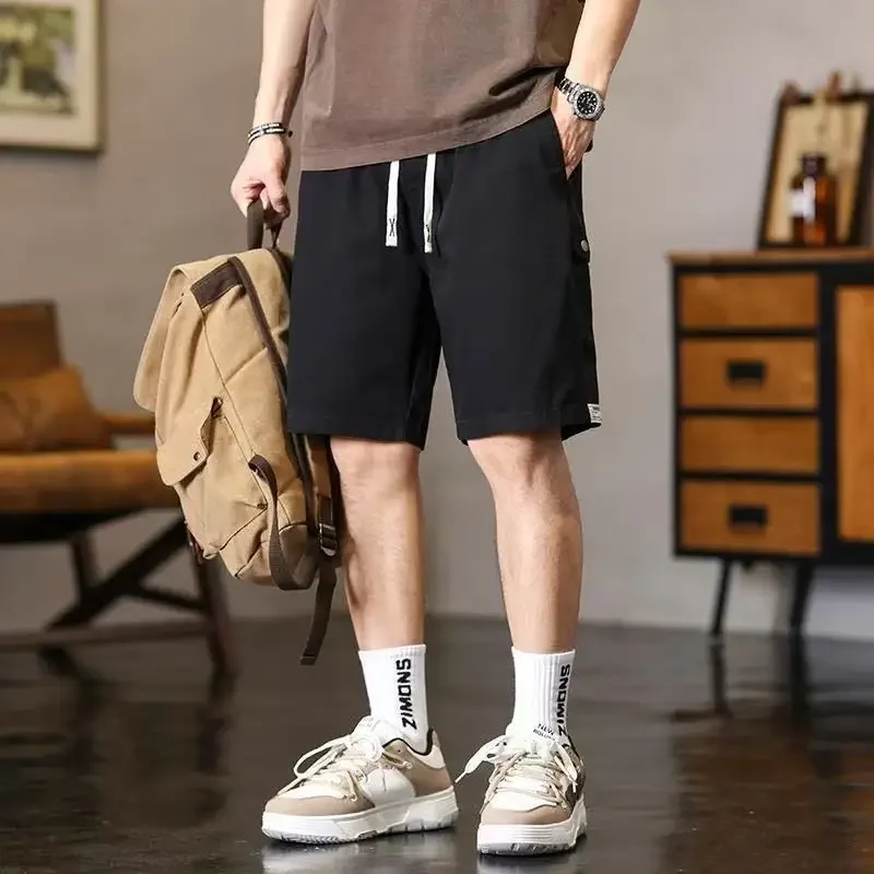 メンズカーゴショーツ、ポケット付きハーフ丈、伸縮性ウエスト、ルーズドローストリング、ロング丈、ビッグサイズ、バミューダショートパンツ、メンズ、ゆったり、無地、ワイド