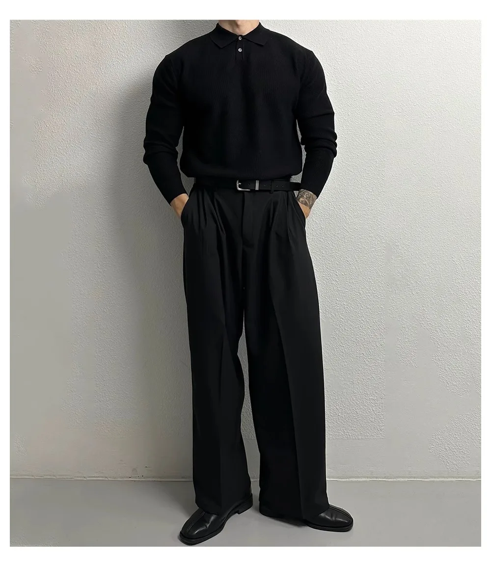 Retro Polo Neck Knit Vertical Woven Polo Shirt Lazy Pullover Sweater Men's Autumn and Winter Lapel Soft Warm