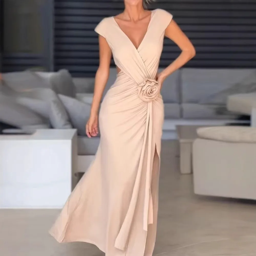 Bodycon Dress for Women Elegant V-neck Sleeveless Slit Hollow Waist Slimming Dresses Evening Gown Skirt Summer and Fall 2024 New