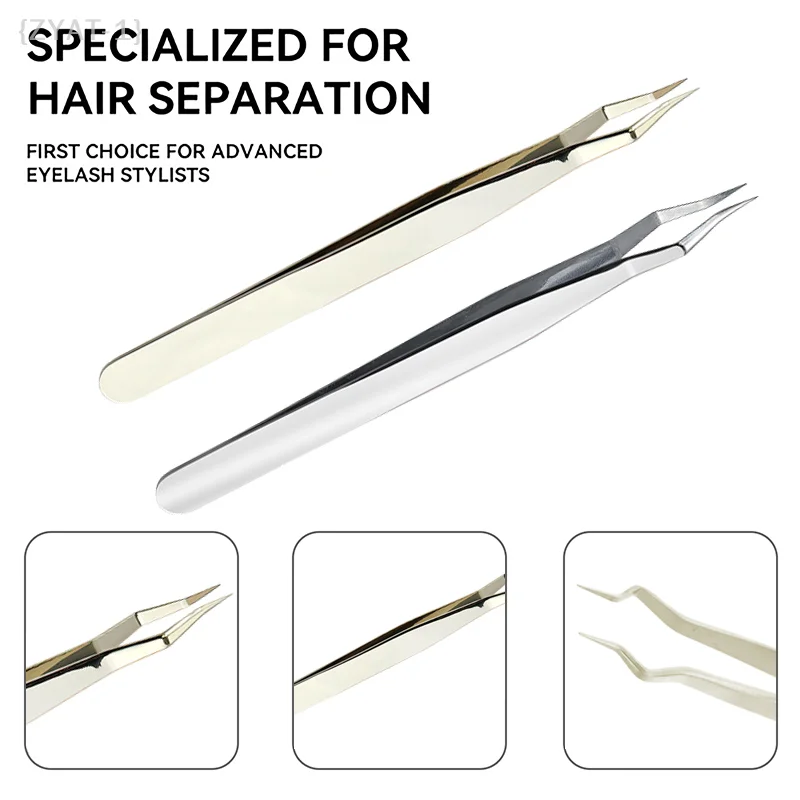 [O] High Precision Stainless Steel Lash Tweezers - Anti-Slip Curved/Straight Tip Nail Art Makeup Beauty Tools