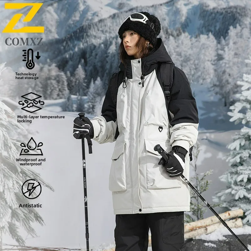 メンズロングダウンジャケットスプライシングフード付きアウトドア登山防寒パッド入りコートカジュアルスノースキー暖かい冬パーカー