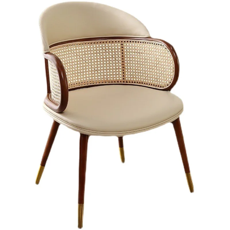 

Dining chair retro light luxury leather soft bag single backrest armrest rattan chair