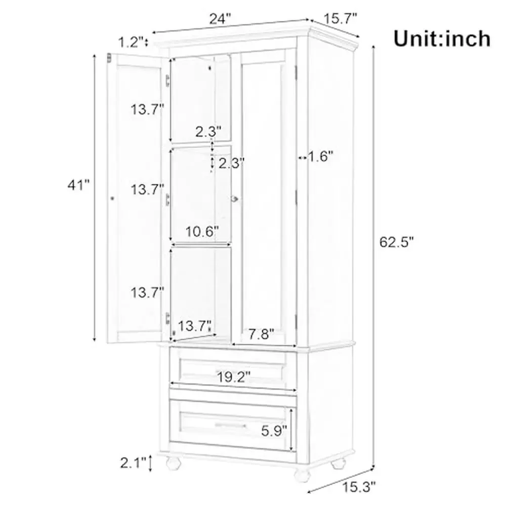 Tall Storage Cabinet Adjustable Shelf 2 Drawers Bathroom Kitchen Pantry Organizer Solid Wood Legs Metal Handles Durable Easy