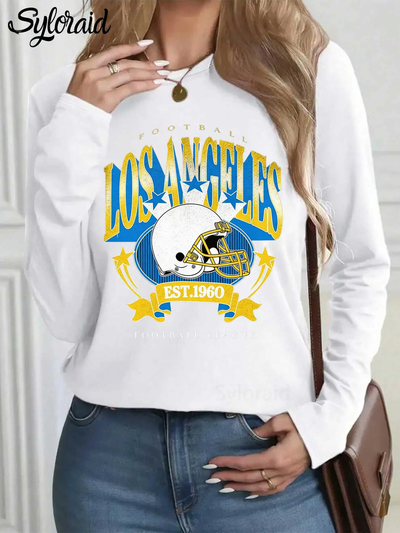 

Женская футболка с длинным рукавом L-os Ang-eles футбольная футболка с принтом модный повседневный топ с круглым вырезом