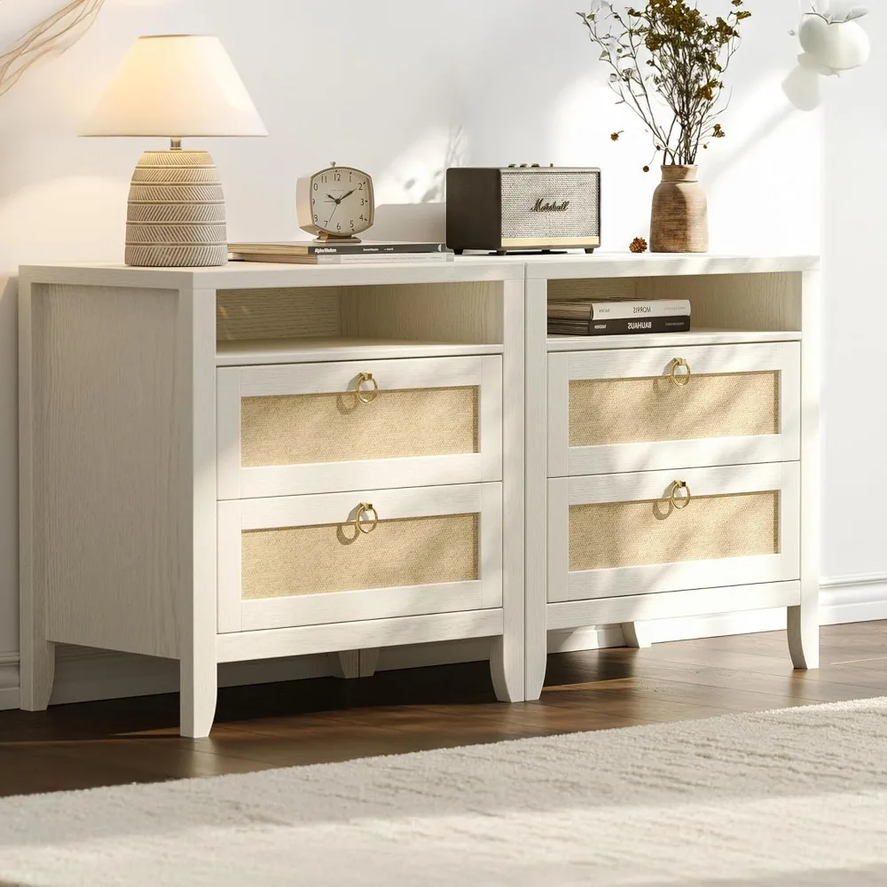 

23.6 White Night Stand Set of 2, Rattan Nightstands with Charging Station 2 Drawers and Strage Shelf, Boho Night Stand
