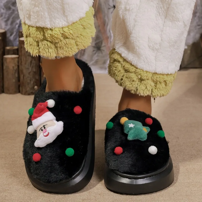 Zapatillas navideñas de invierno, zapatilla de piel de Papá Noel, cojín de felpa suave y cálido, toboganes para dormitorio, zapatillas de algodón para el hogar para hombre y mujer