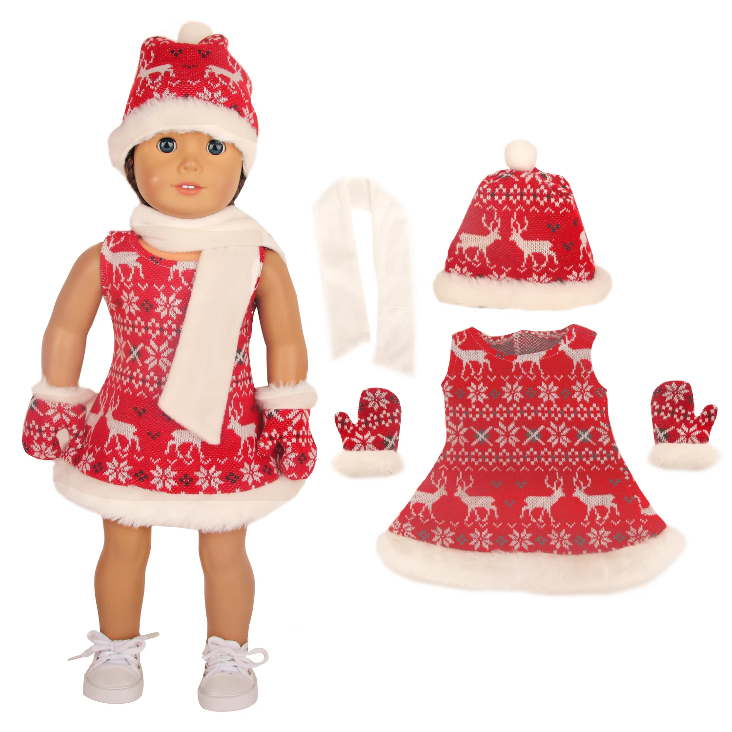 Doll Christmas Clothes Sets Dress+Hat+Glove+Scarf Sweater Set For 18 inch american&43cm Baby New Born.OG Girl Doll Girl Gift