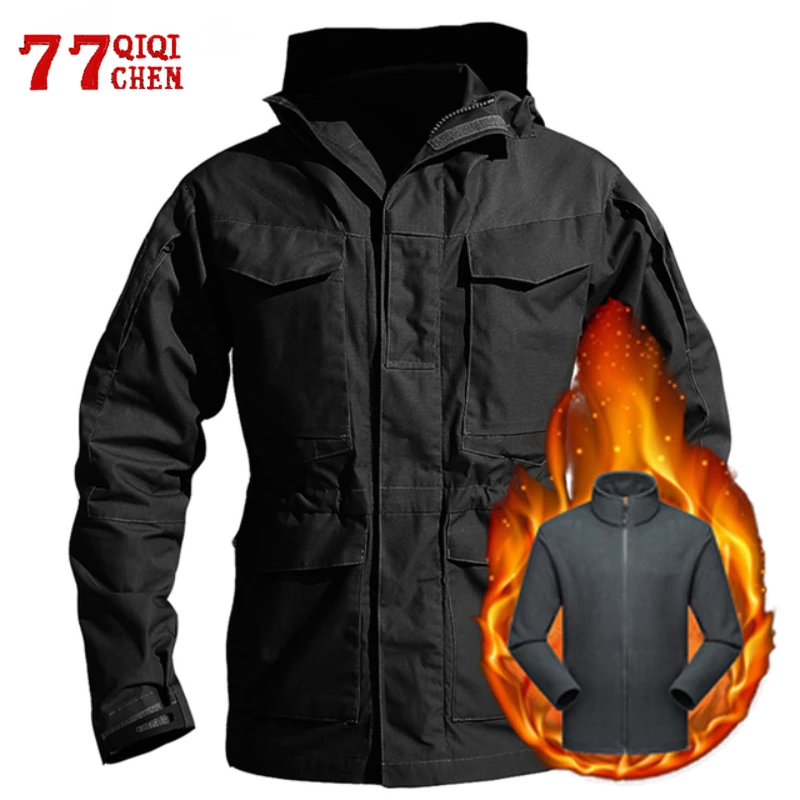 Mens outdoor Hooded Jacket Fleece Casual Warm Windbreaker Waterproof Flight Coat Male Hiking Jackets