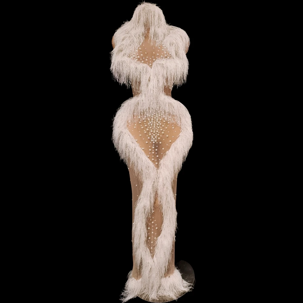 

Блестящее платье с белыми стразами и кисточками для женщин, длинное, для дня рождения, сексуальное, из сетки, прозрачное, для фотосессий, сценический костюм