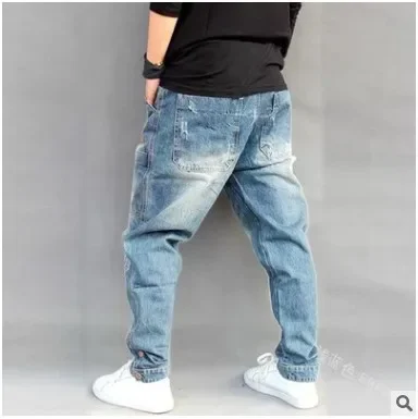 Hip Hop Mens Jeans Mid Waist Harem Pants Loose Medium Zipper Fly Full Length Little Feet Ripped Jeans for Men