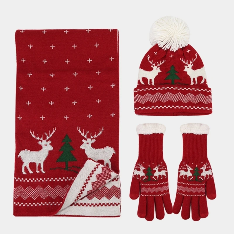 Sarung tangan rajut pria wanita, Set topi Beanie Natal pola rusa Natal cantik, pakaian liburan musim dingin