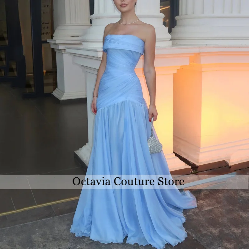 

Maxi Strapless A Line Prom Gowns Backless Pleated Party Gown Floor Length Evening Dress vestidos de gala Customized