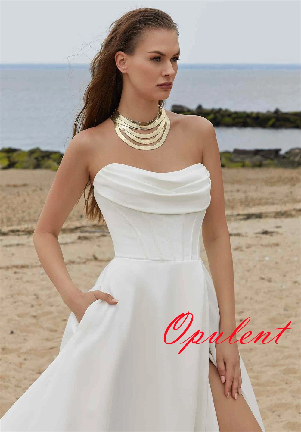 

Customized White Jersey Wedding Dress Elegant Strapless Sleeveless Bridal Gowns Chapel Train Buttons Back Vestido De Novia