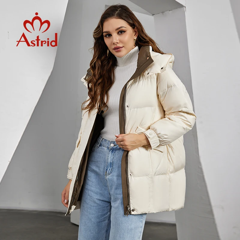 Astrid Women's Winter Jacket Hooded Contrast Color Mid-Long Parkas Padding Puffer Quilted Coat Down Jacket Thick Female Clothing