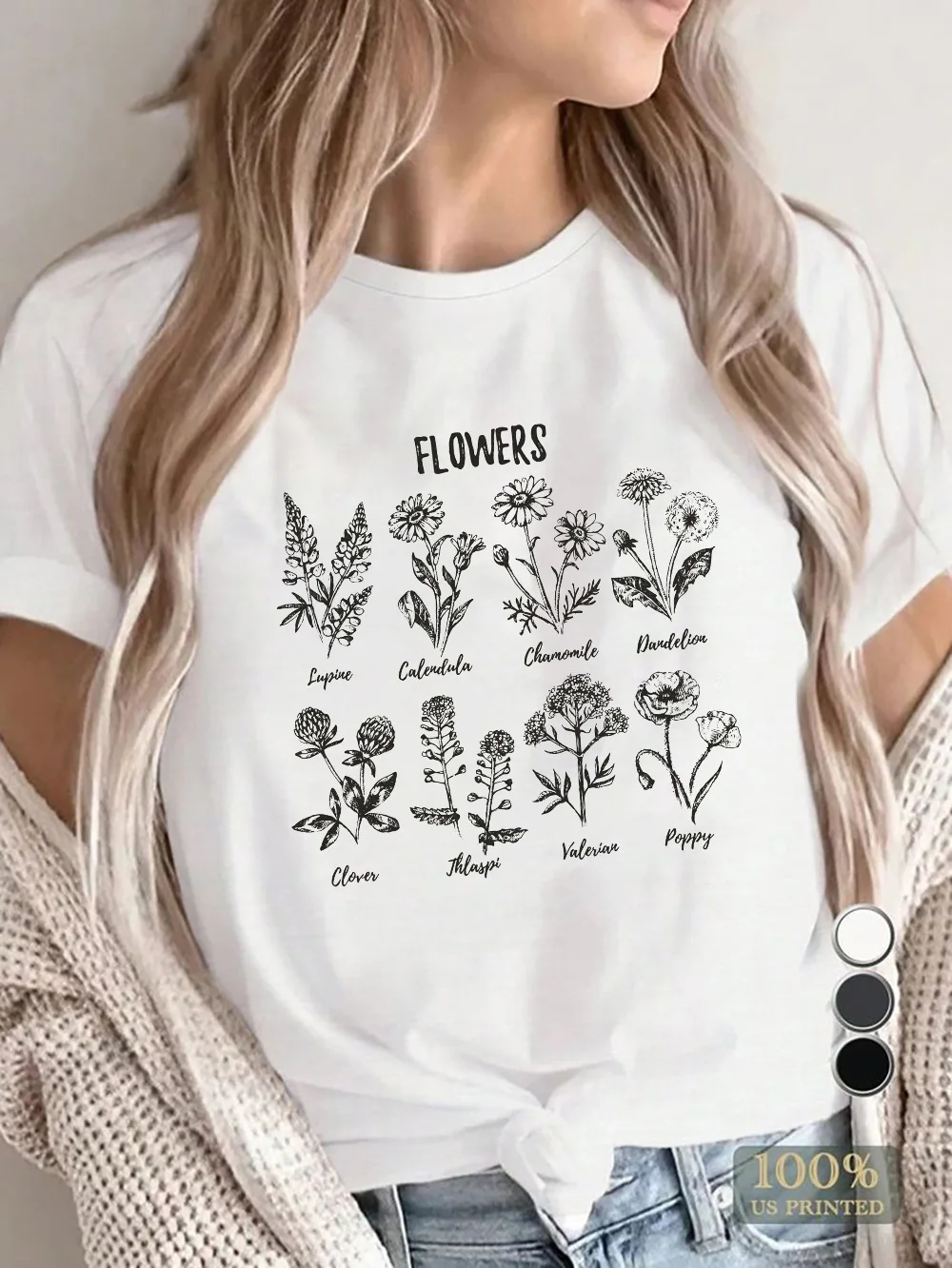 

Wild Flower Graphic Women's T-Shirt Cotton Chrysanthemum Dandelion Rose Vintage Flower Oversize Female Tee Short Sleeves