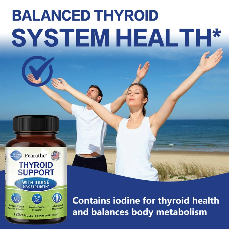 دعم Fearathe Thyroid مع اليود والمغنيسيوم للمساعدة في عملية التمثيل الغذائي وتعزيز وظيفة الغدة الدرقية والصحة وغير المعدلة وراثيًا