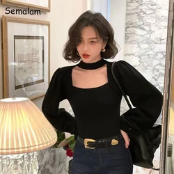 Square Collar Vintage Lantern Sleeve Tops Halter Inside Elegant Chic Sweater 2022 Lady Sexy Skinny Slim Korean Autumn Winter Top