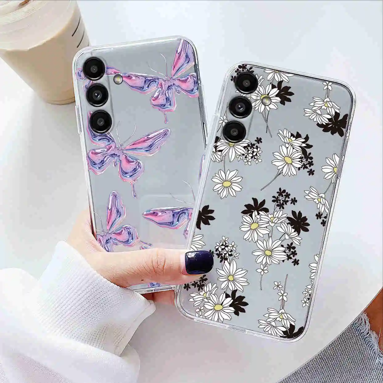 For Samsung Galaxy A14 A24 A34 A54 A15 A25 A35 A55 M14 M15 F15 M34 F34 M34 M54 M55 C55 F55 Case Butterfly Oil Flower Clear Cover