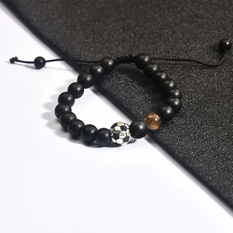 Football Pendant Beads Bracelet For Men Frosting Black Tiger eye Stone Braid Bracelet Adjustable Handmade Jewelry Gift