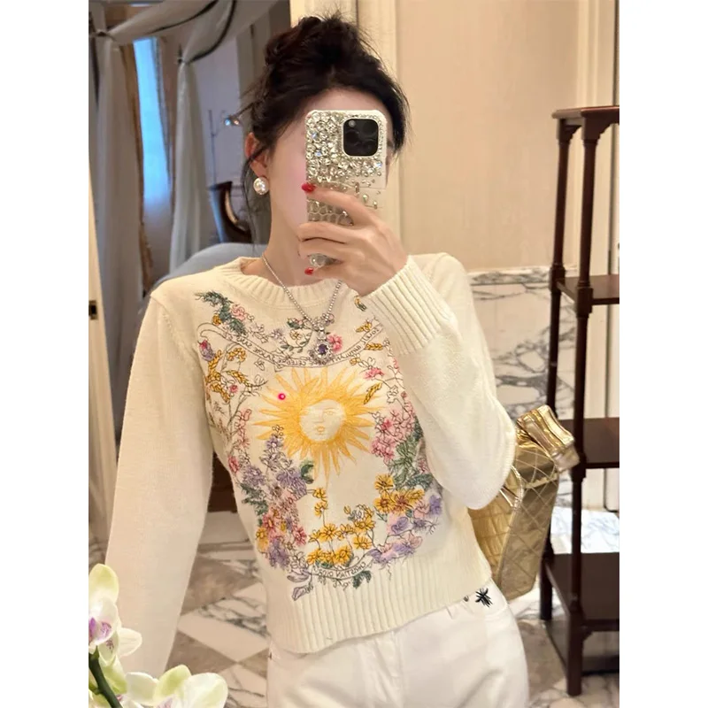 Women Clothing Fashion O-neck Embroidery Jacquard Sweaters Autumn Winter Chic Sweet Loose Knitted Tops Daily Casual Commute Tops