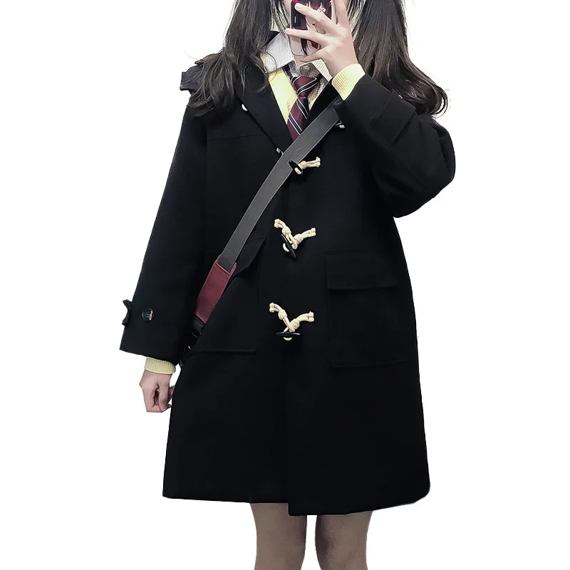 일본식 혼 버튼 코트 학교 유니폼 대학 스타일 쁘띠 JK 유니폼 두꺼운 양모 코트 여성 가을, 겨울