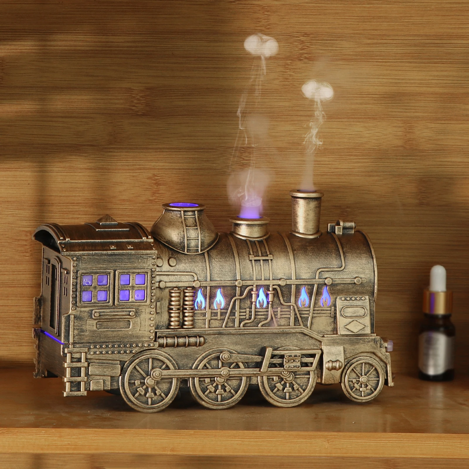 

300ML Vintage Steam Train Essential Oil Diffuser with 2-Color LED Light Cool Mist Humidifier Aroma Diffuser Home Decor