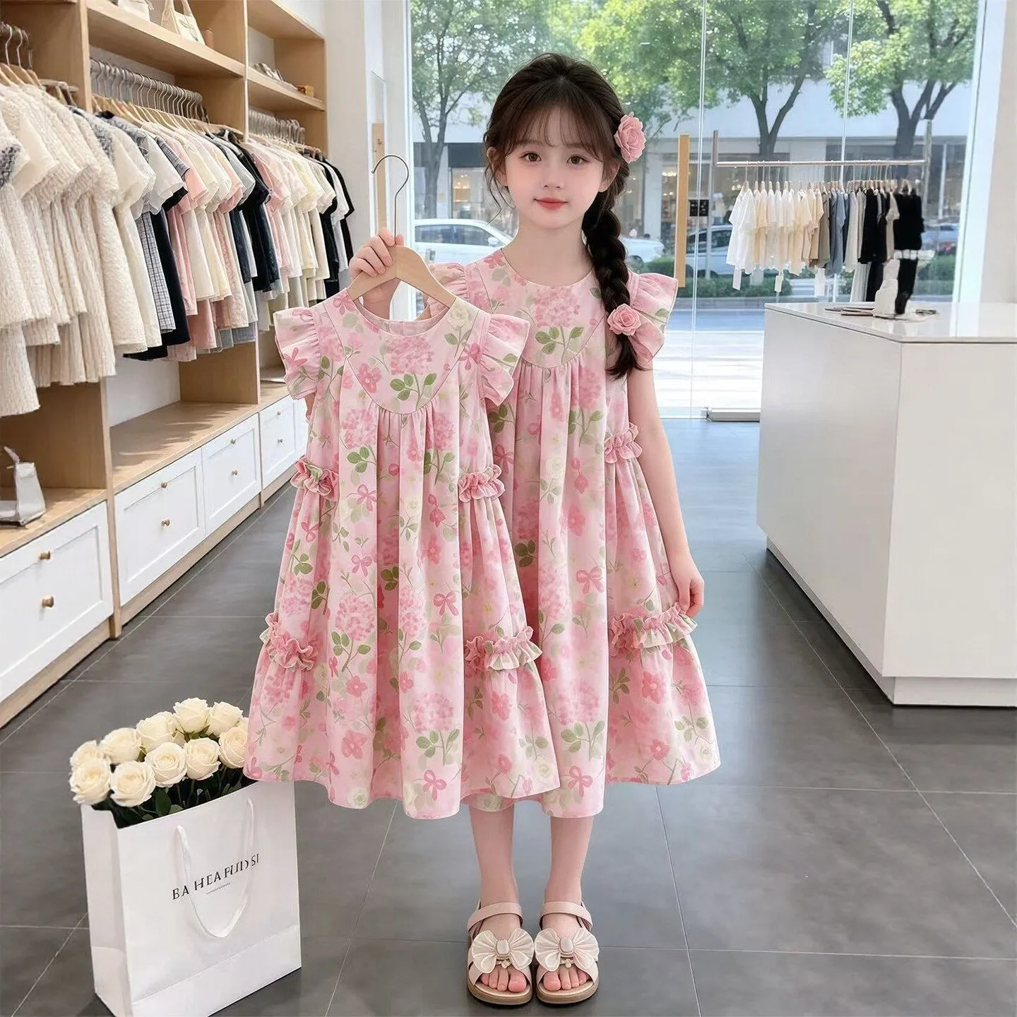 New Summer Teenager floral kid party mesh sleeveless princess Girls Mid Long bow dress layered tutu chiffon 4 8 10 12 14 Years