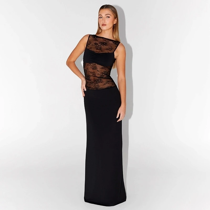 Abito da donna senza maniche a linea A in pizzo patchwork girocollo semi trasparente elegante abito estivo casual per giovani donne chic alla moda