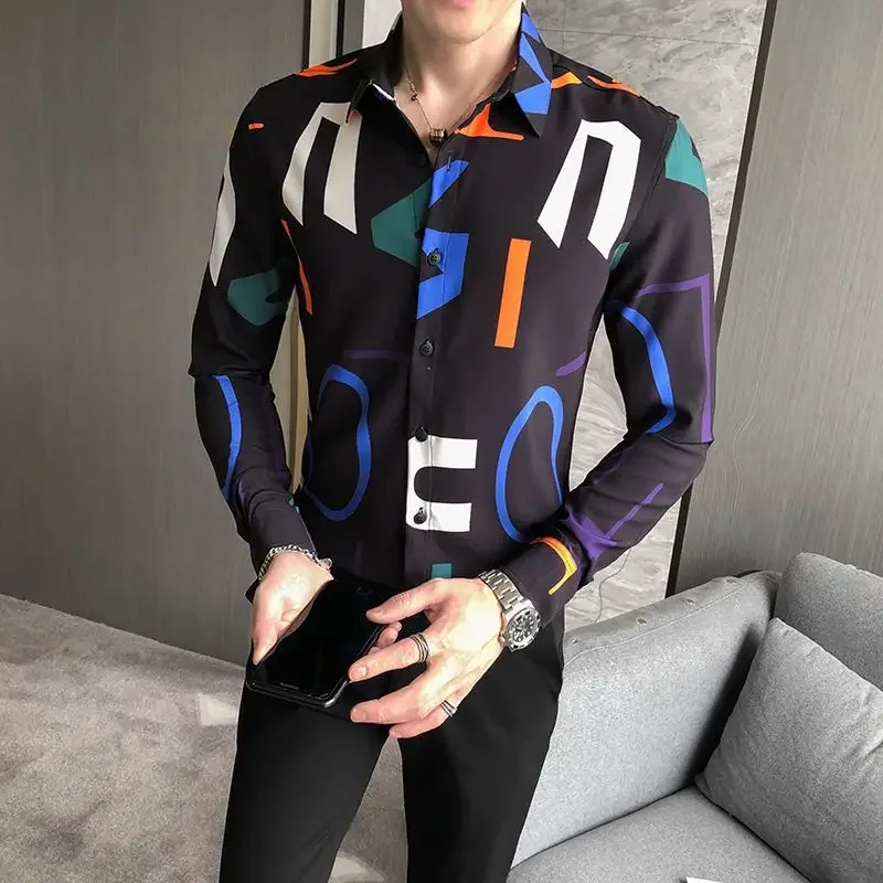 Camisa colorida geométrica gráfica masculina, camisas masculinas regulares com colarinho, hipster, slim fit, estilo coreano, venda de luxo, alta qualidade