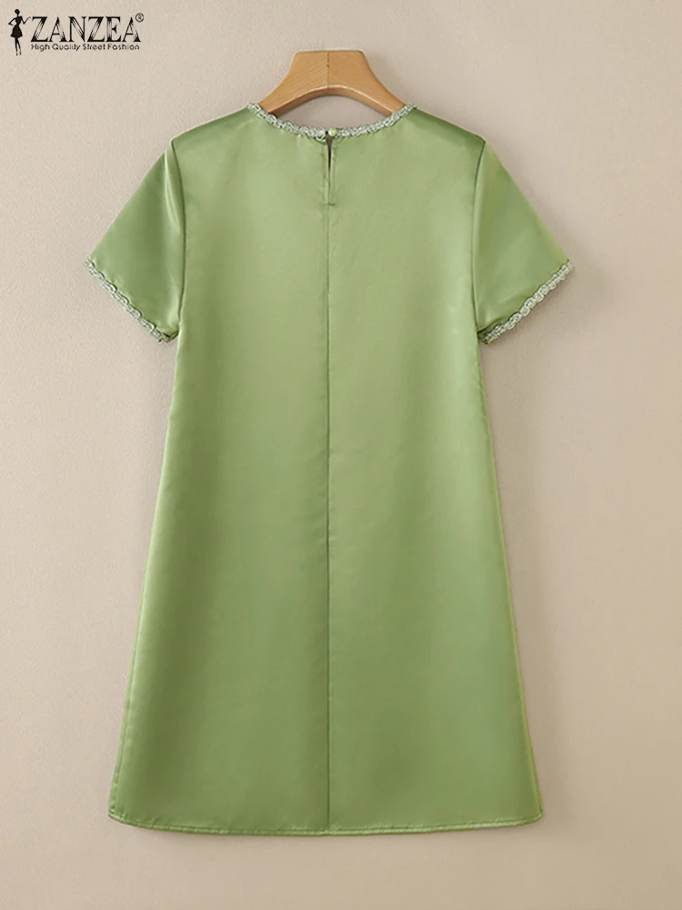 ZANZEA-Robe d'été en satin à manches courtes et col rond pour femme, tenue de soirée élégante, décontractée, longueur aux genoux, à la mode